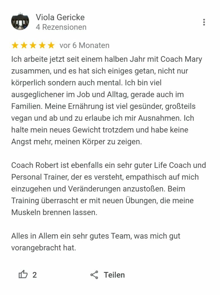 Rezensionen 5 Sterne Tags Mary Personal Trainer Life Coach Ernährungsberatung Charlottenburg